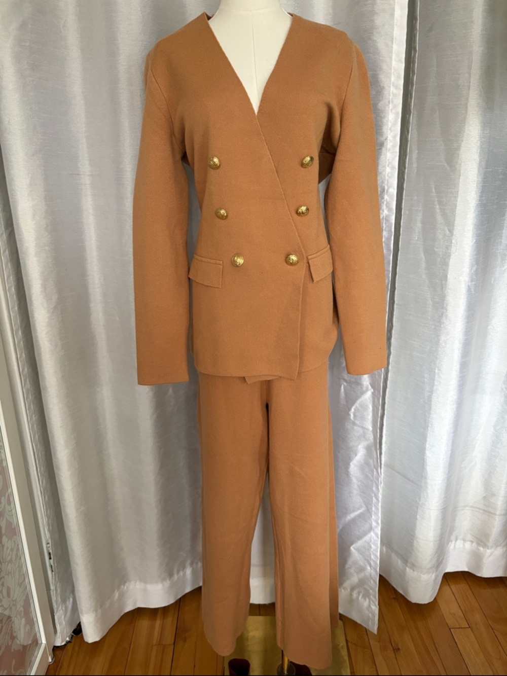 NWT Camel Double-Breasted Knit Blazer & Wide-Leg Pants Set